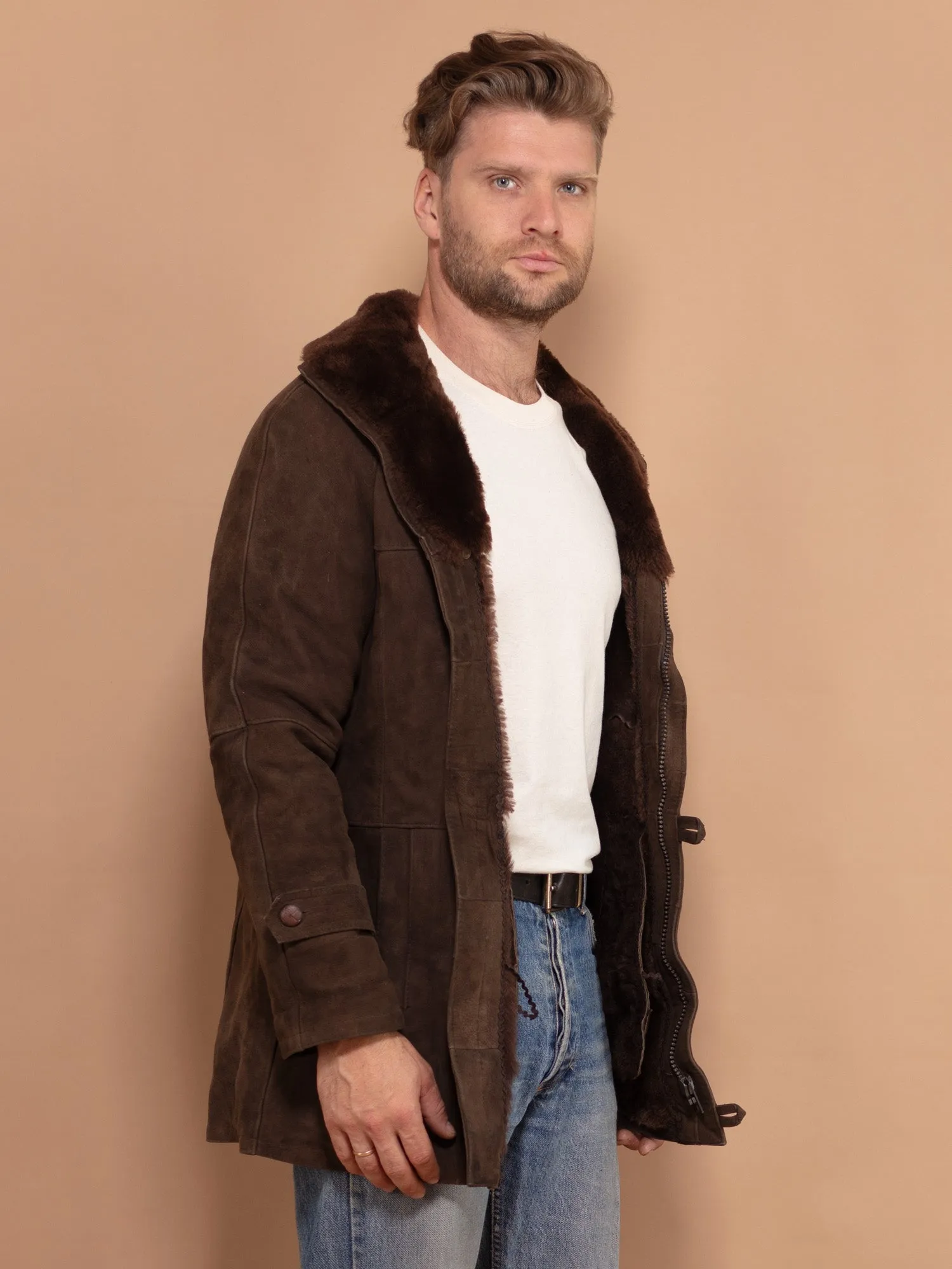 Vintage 70's Men Zip Up Sheepskin Coat in Brown