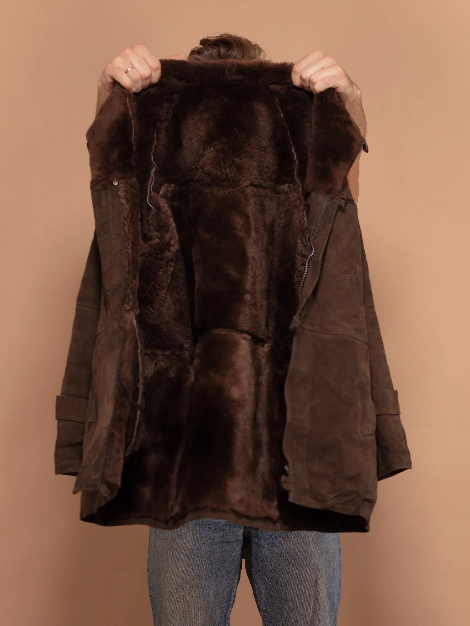 Vintage 70's Men Zip Up Sheepskin Coat in Brown