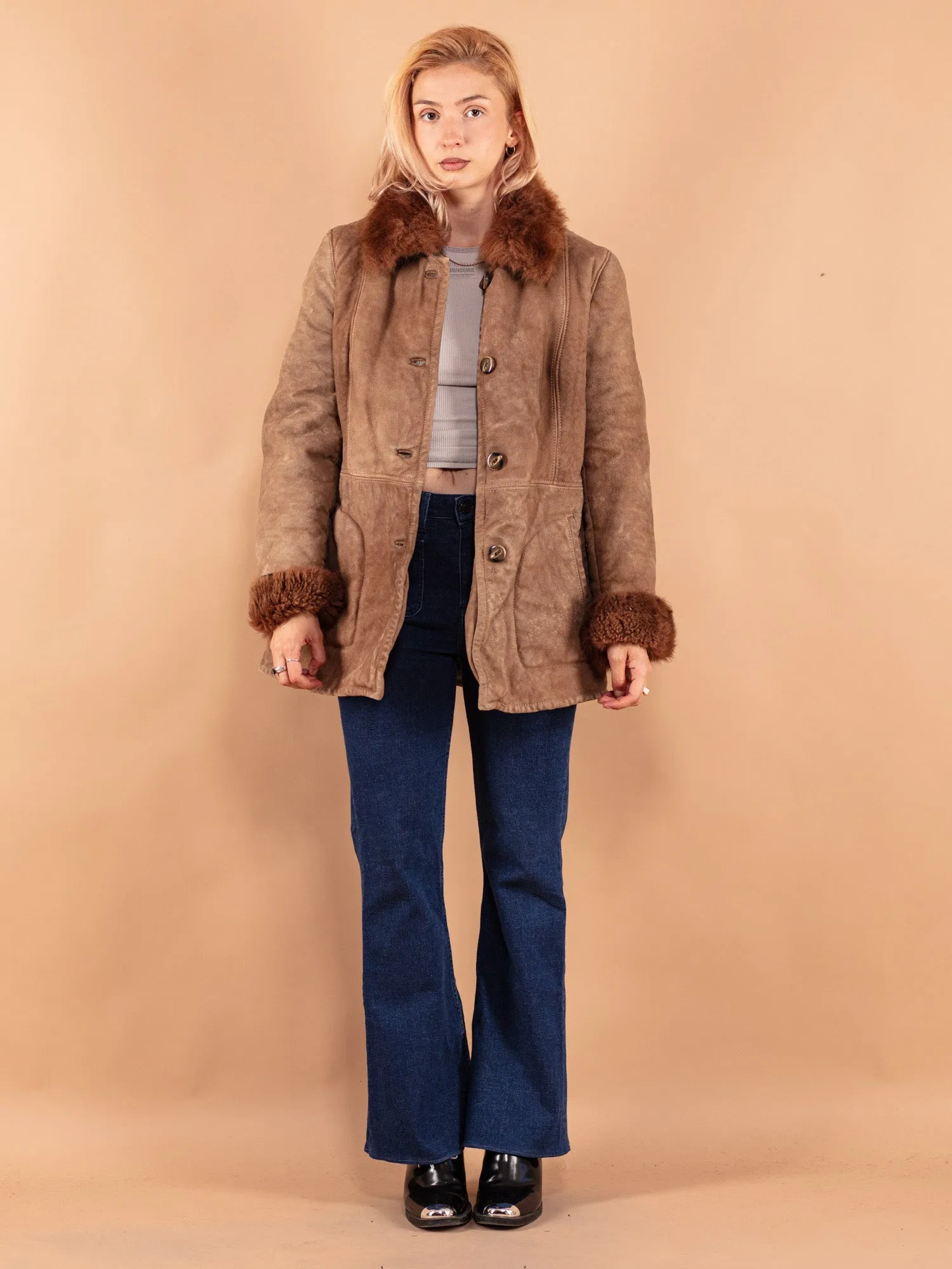 Vintage 70's Women Distressed Sheepskin Coat in Brown