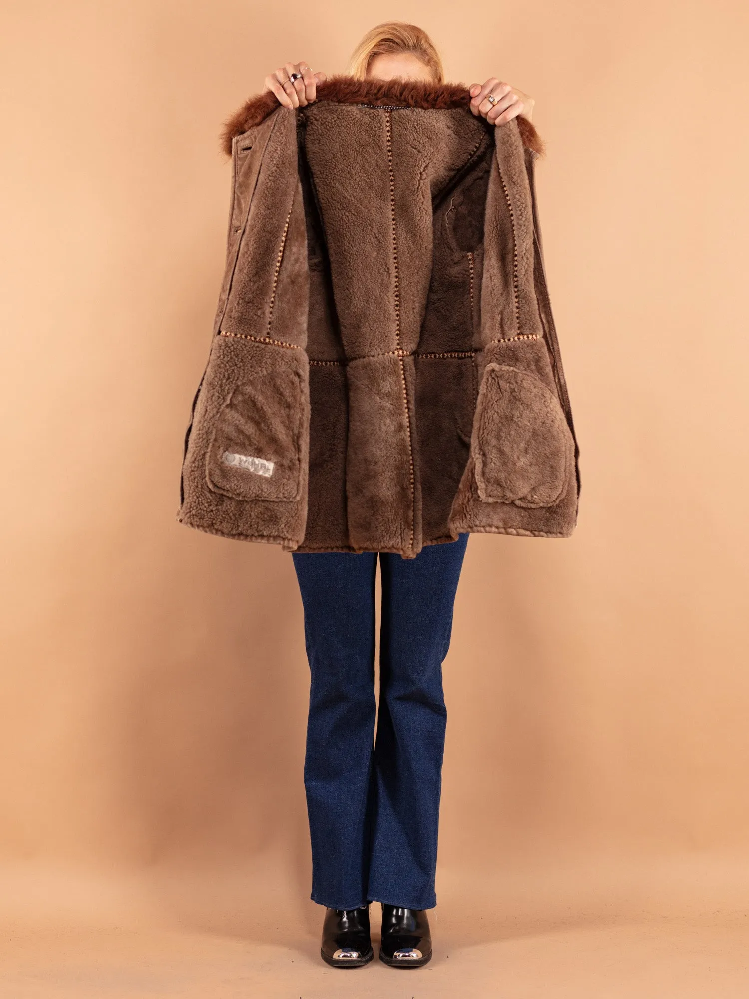 Vintage 70's Women Distressed Sheepskin Coat in Brown