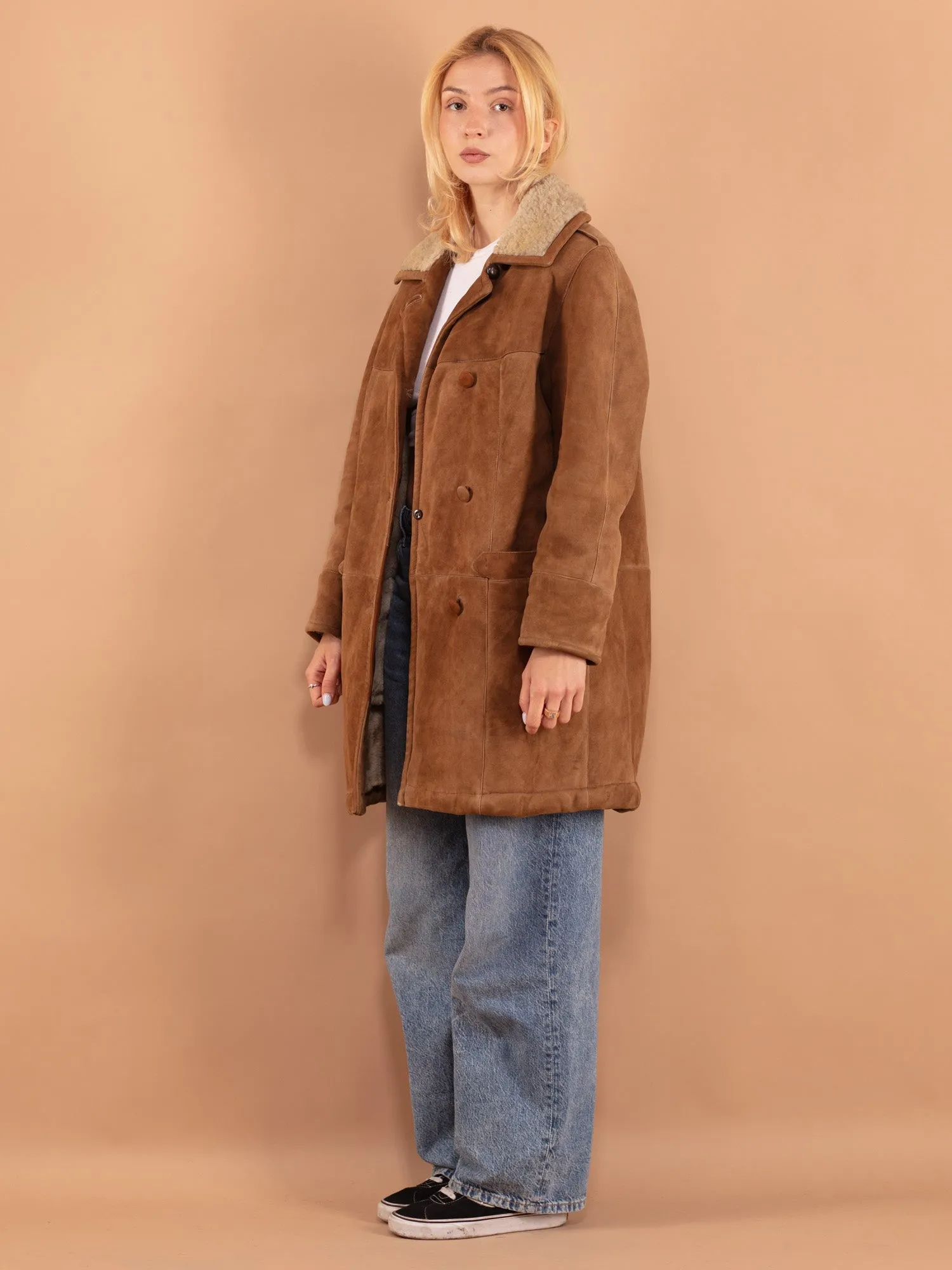 Vintage 70's Women Oversized Sheepskin Coat in Brown