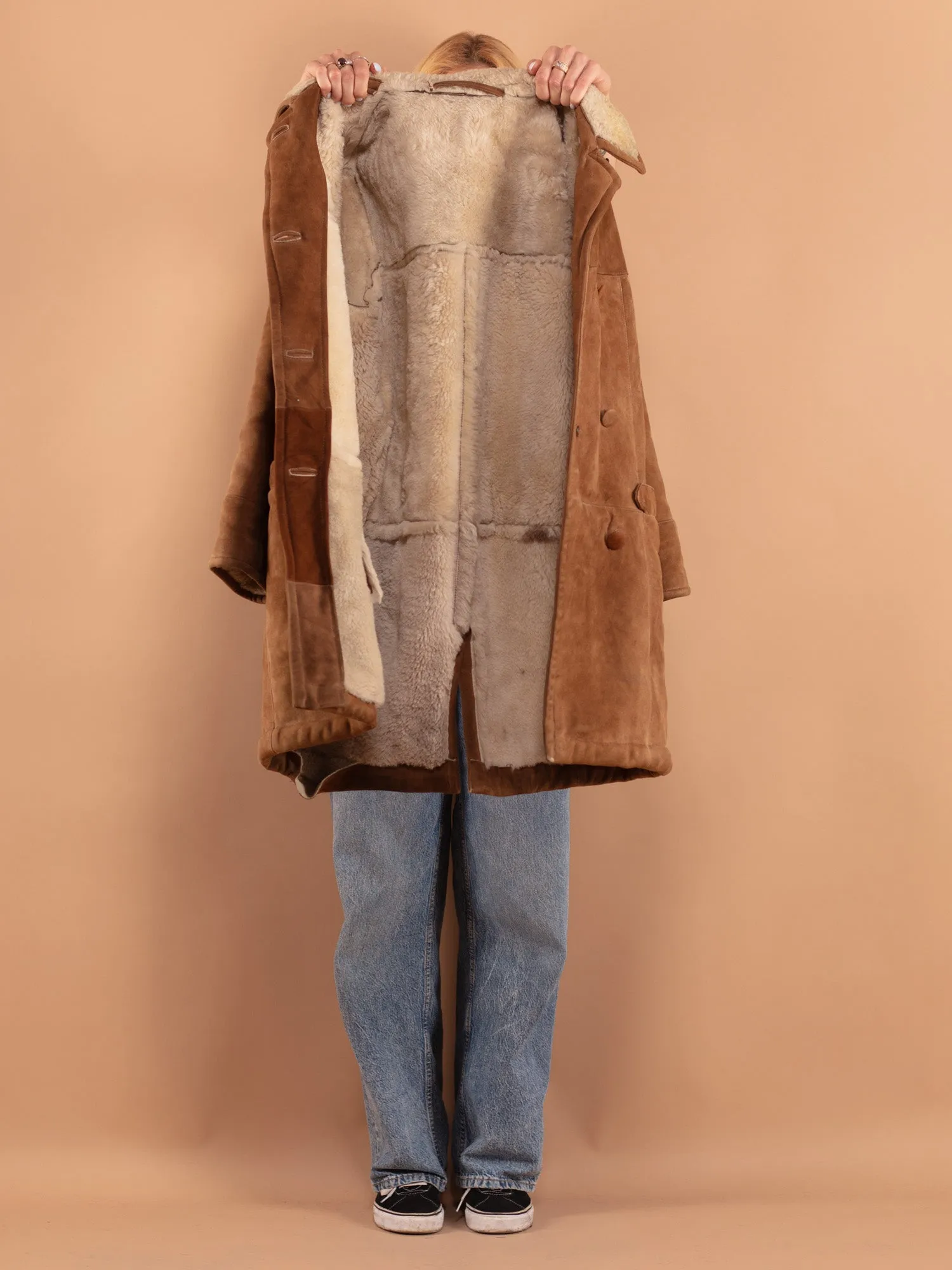 Vintage 70's Women Oversized Sheepskin Coat in Brown