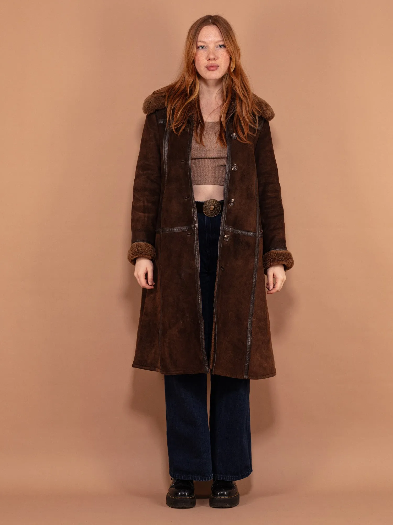 Vintage 70's Women Sheepskin Long Coat in Brown