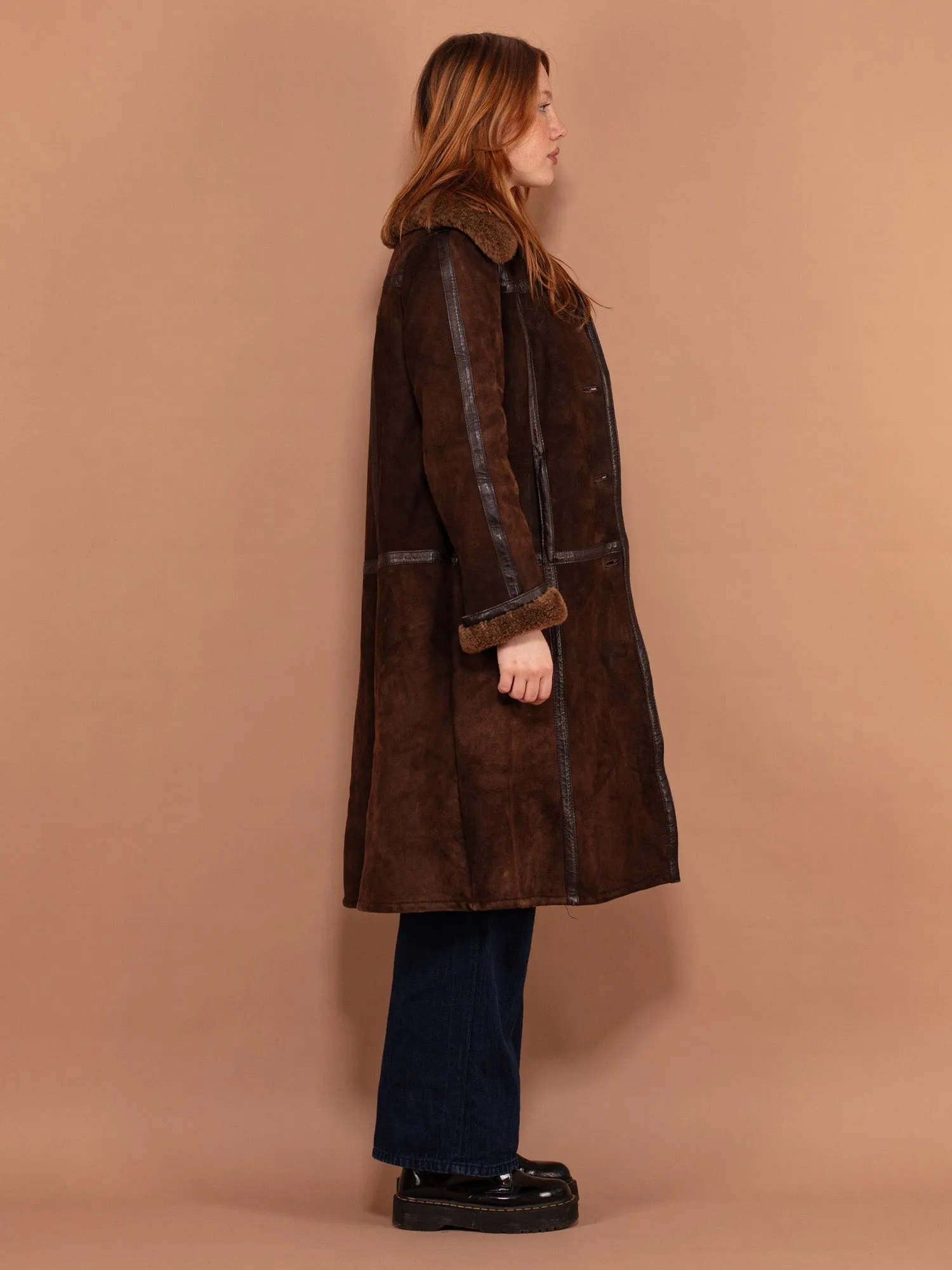 Vintage 70's Women Sheepskin Long Coat in Brown