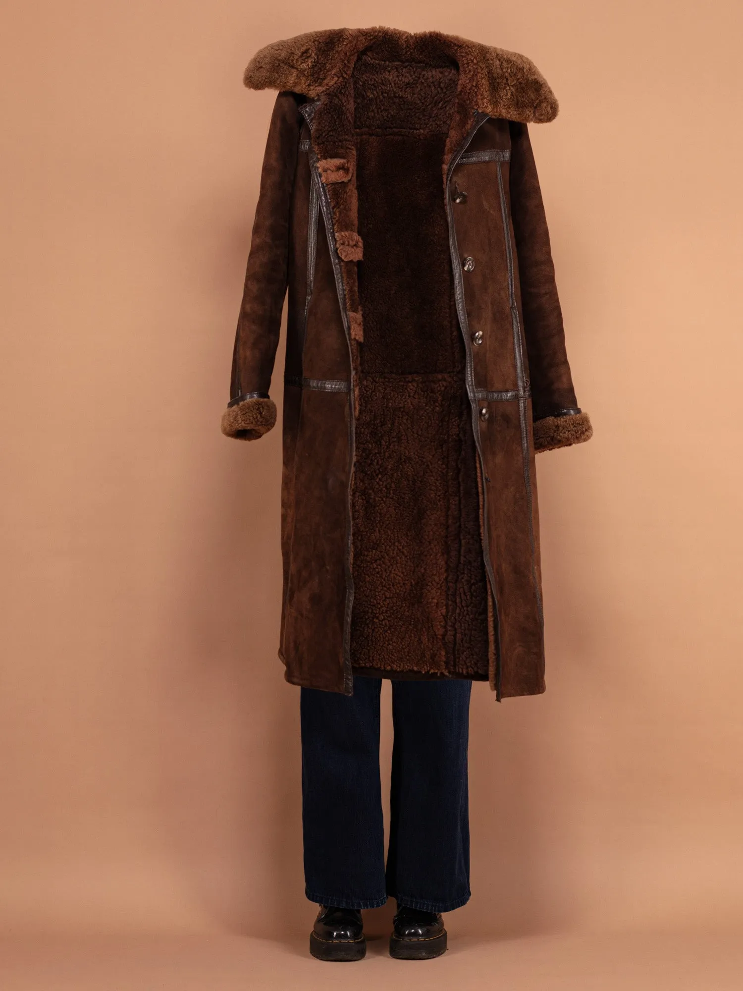 Vintage 70's Women Sheepskin Long Coat in Brown