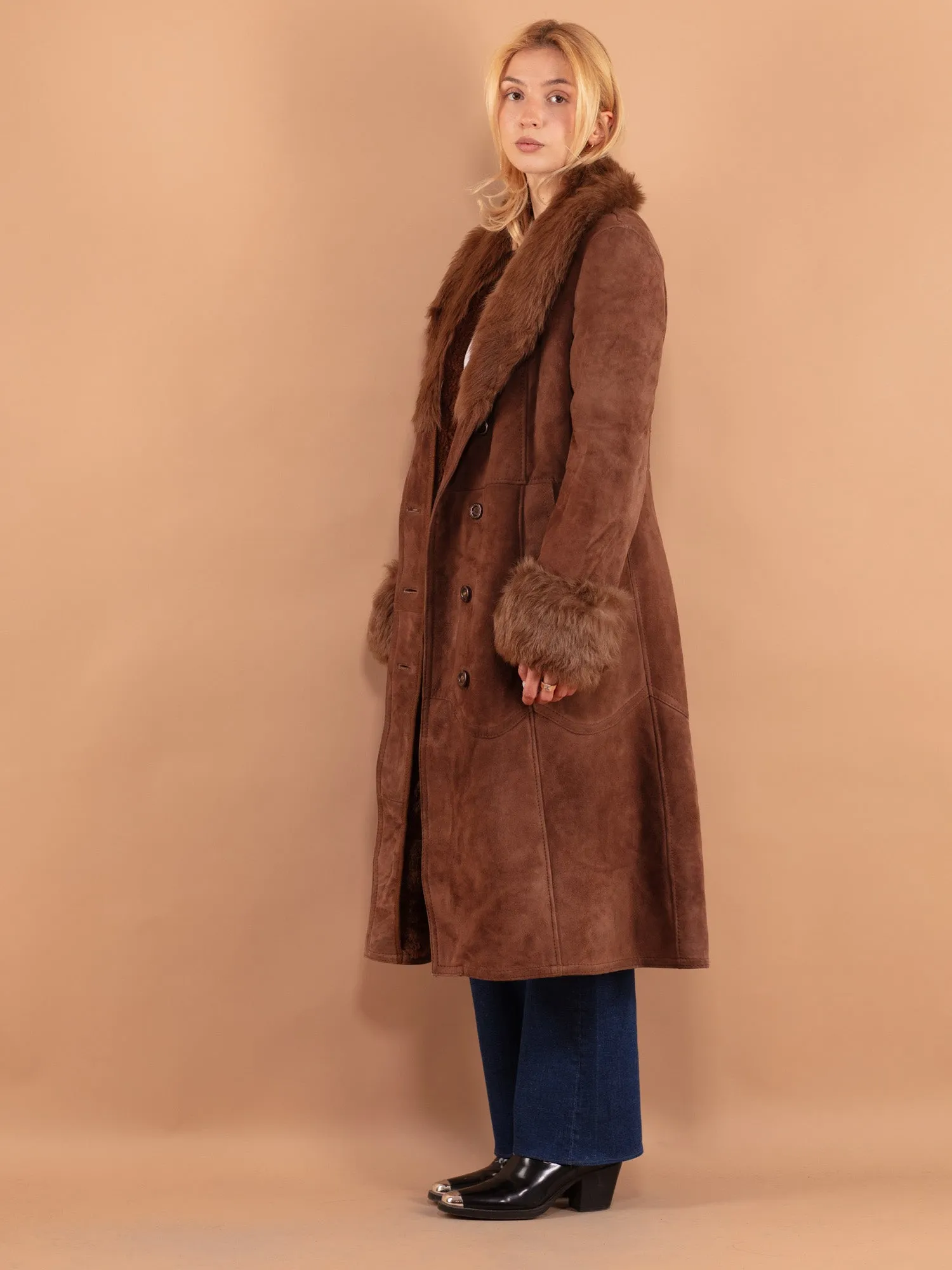 Vintage 70's Women Sheepskin Shearling Coat in Brown