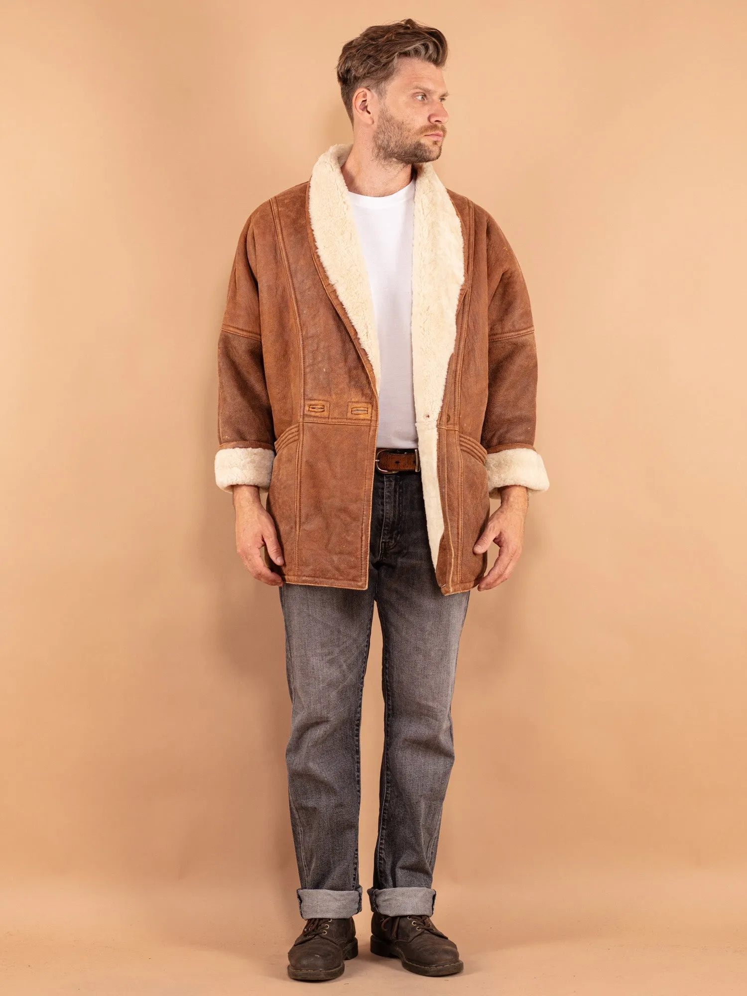 Vintage 80's Men Faded Sheepskin Coat in Brown