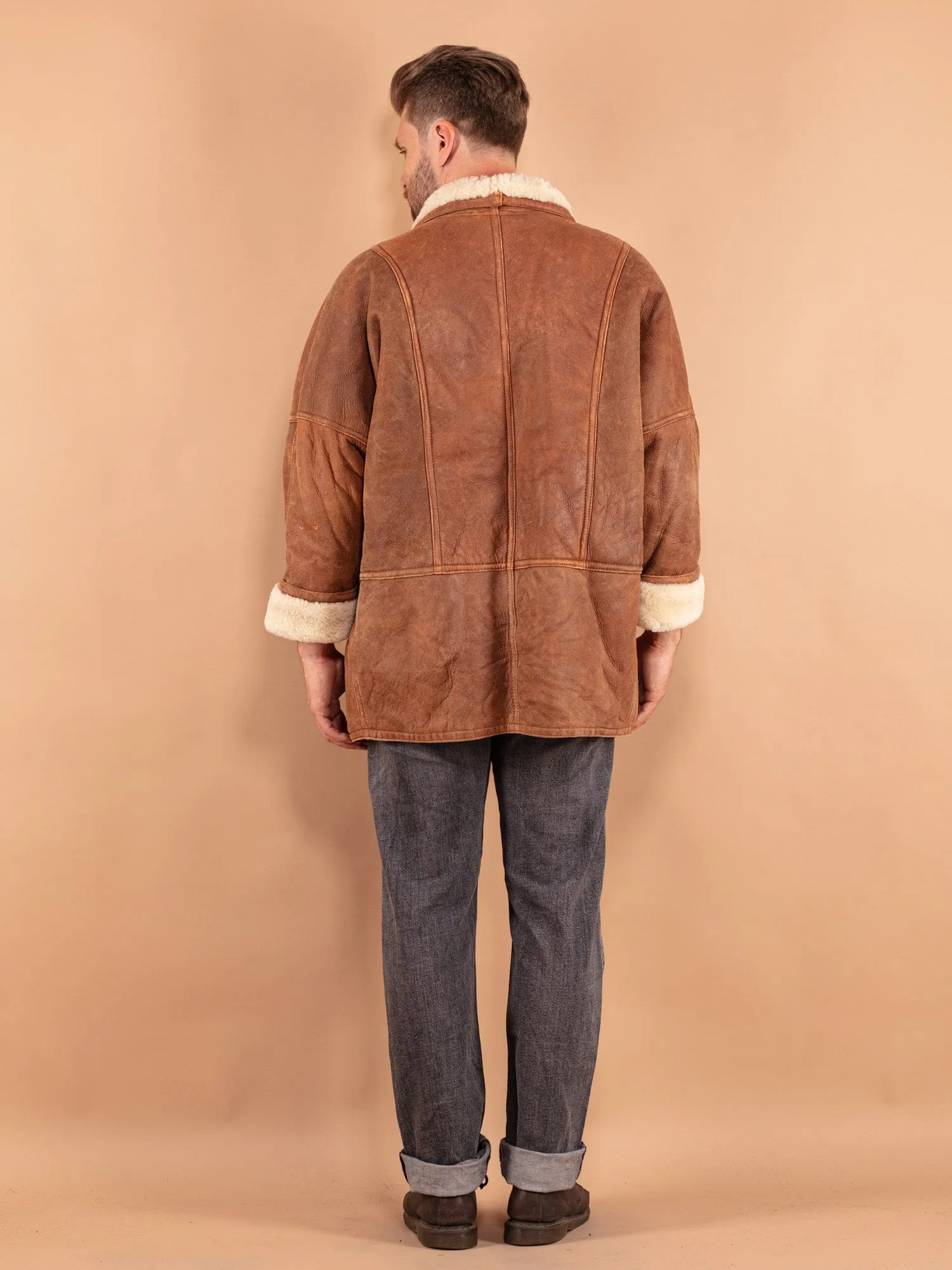 Vintage 80's Men Faded Sheepskin Coat in Brown