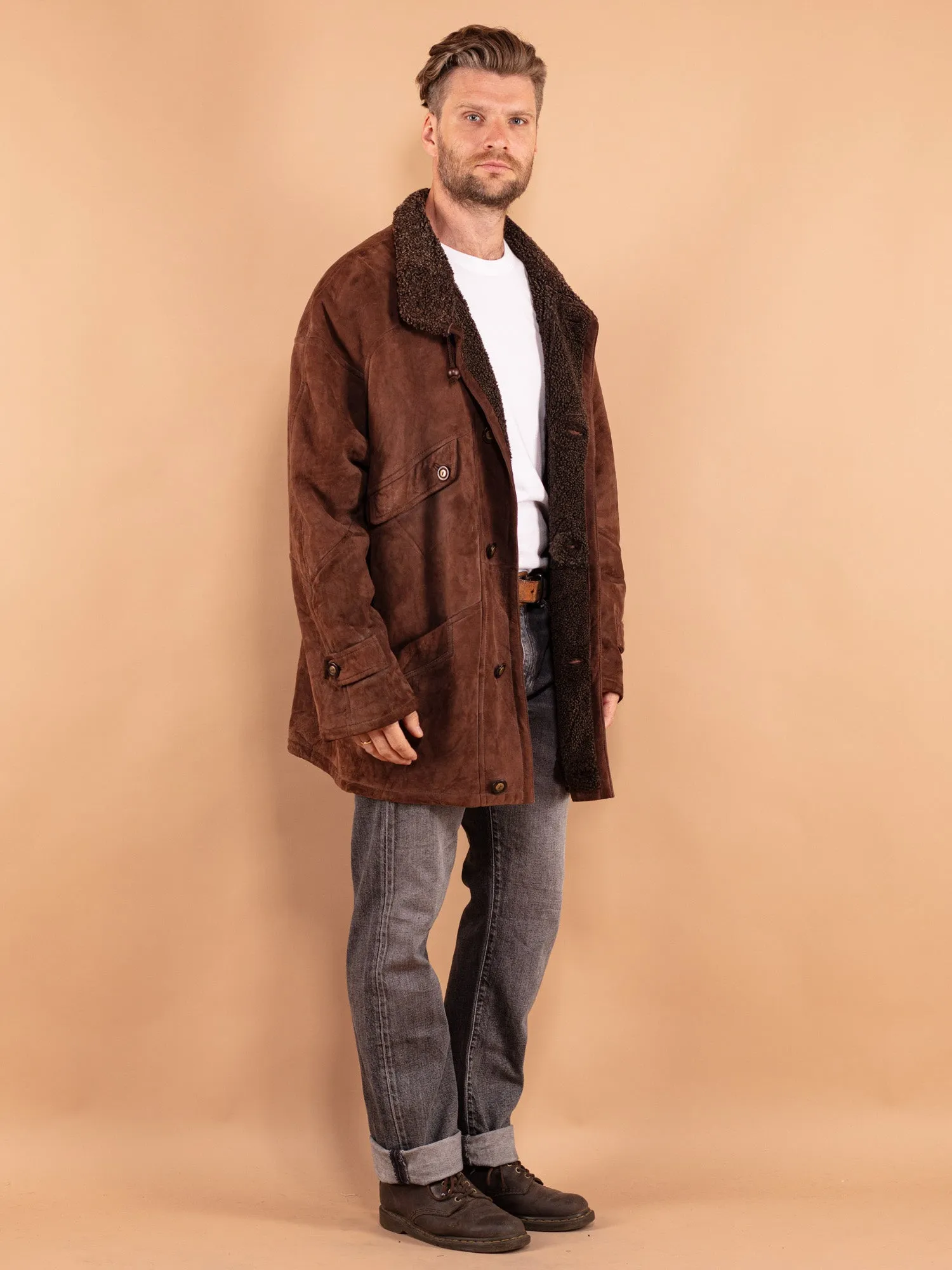 Vintage 80's Men Oversized Sheepskin Coat in Brown