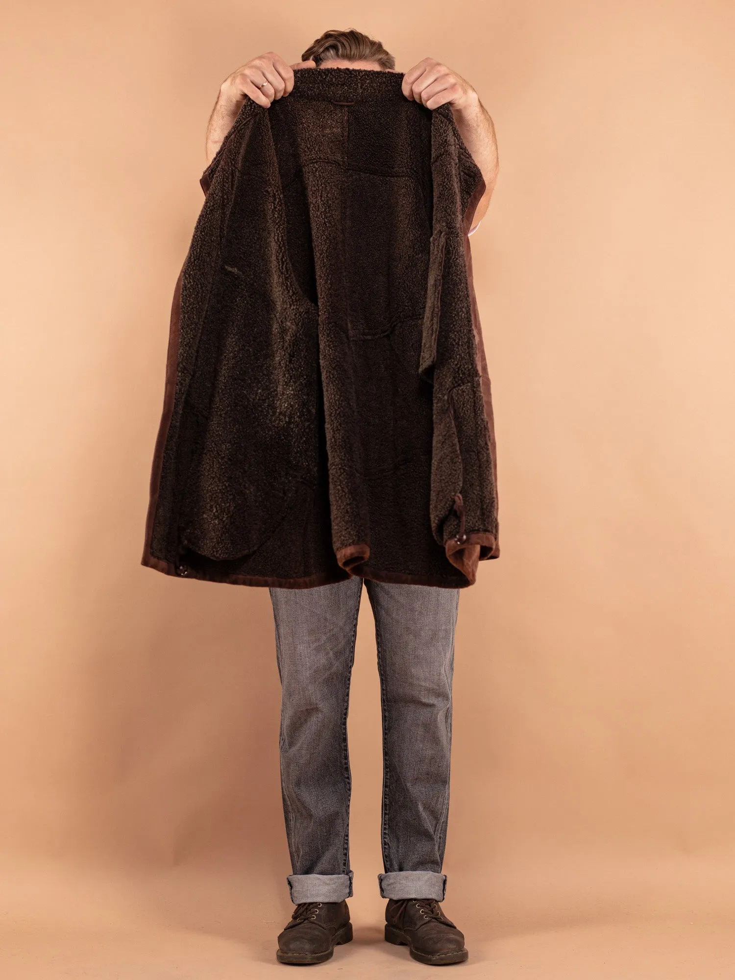 Vintage 80's Men Oversized Sheepskin Coat in Brown