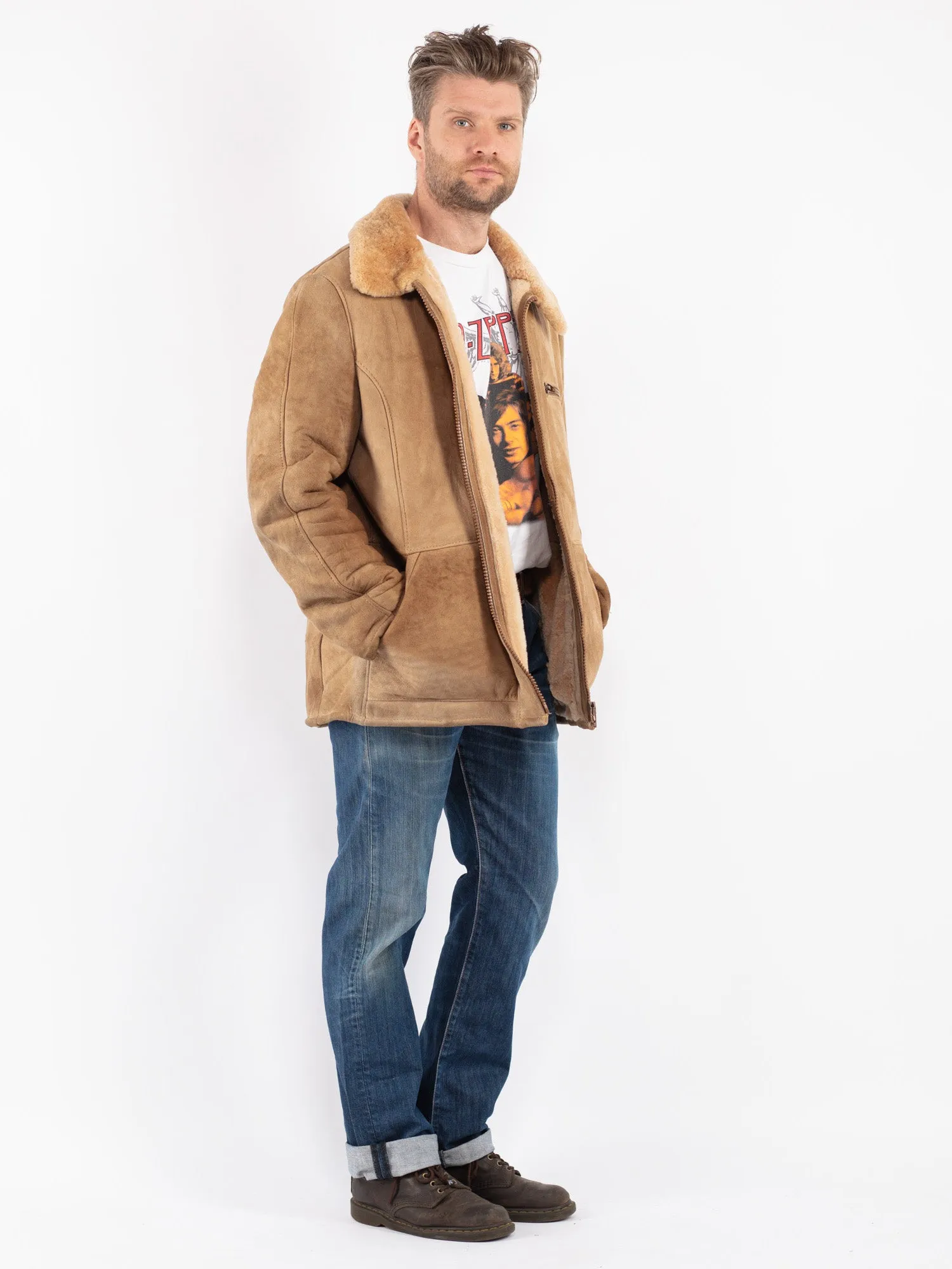 Vintage 80's Men Sheepskin Coat in Beige