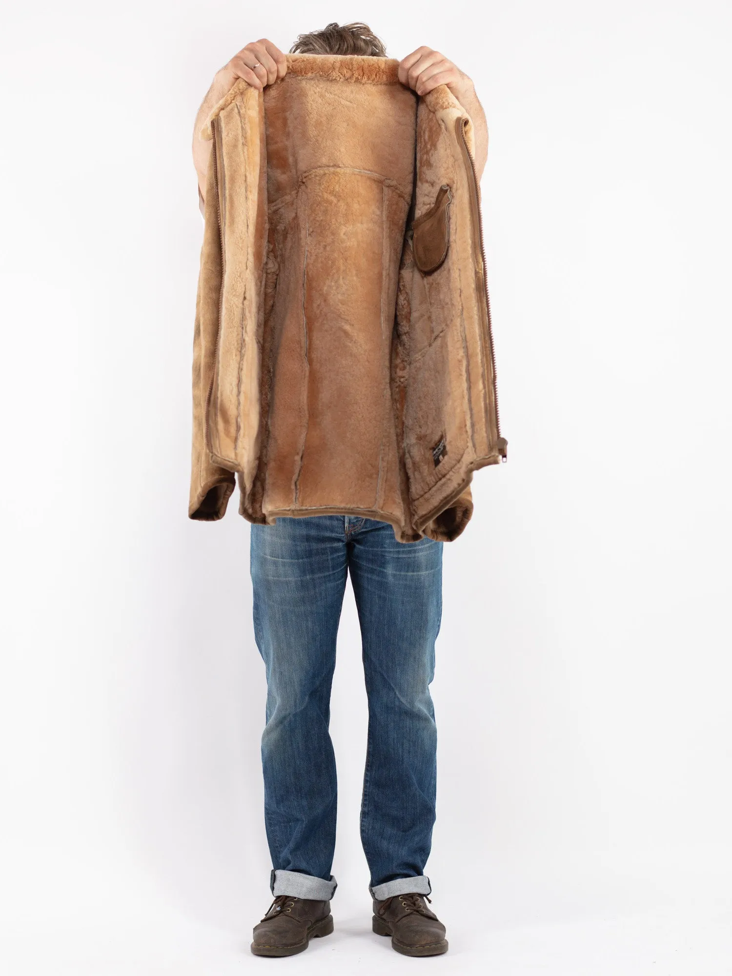 Vintage 80's Men Sheepskin Coat in Beige