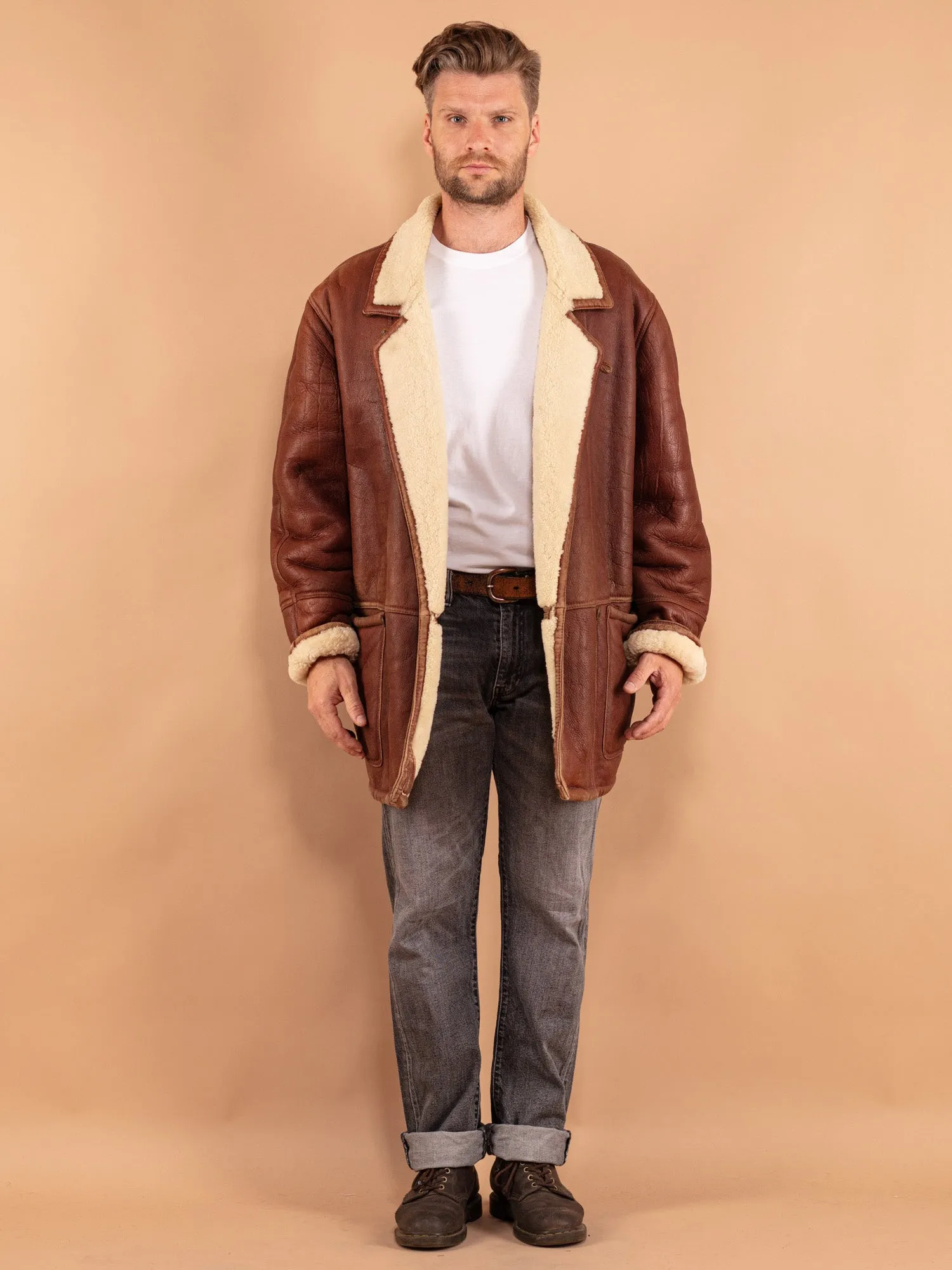 Vintage 80's Men Sheepskin Coat in Brown