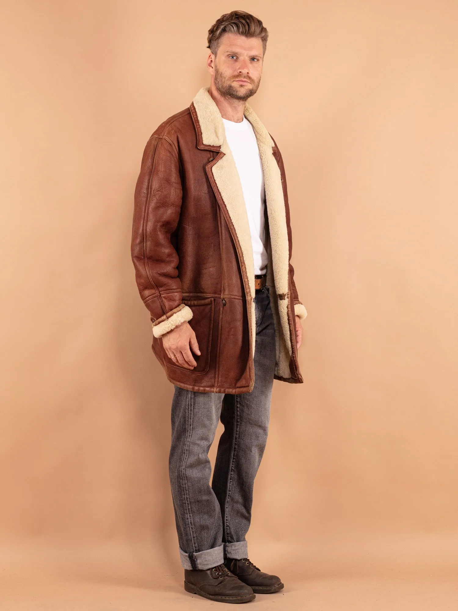 Vintage 80's Men Sheepskin Coat in Brown