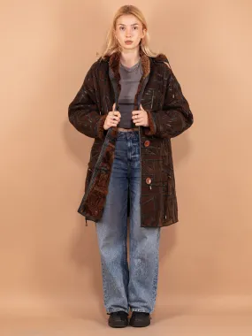 Vintage 80's Women Hooded Sheepskin Coat in Brown