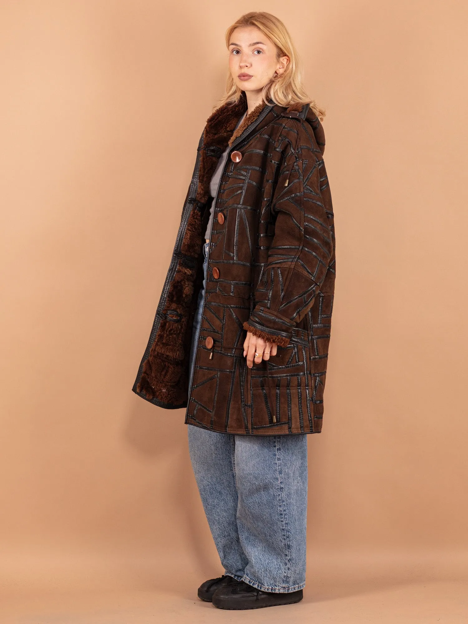 Vintage 80's Women Hooded Sheepskin Coat in Brown