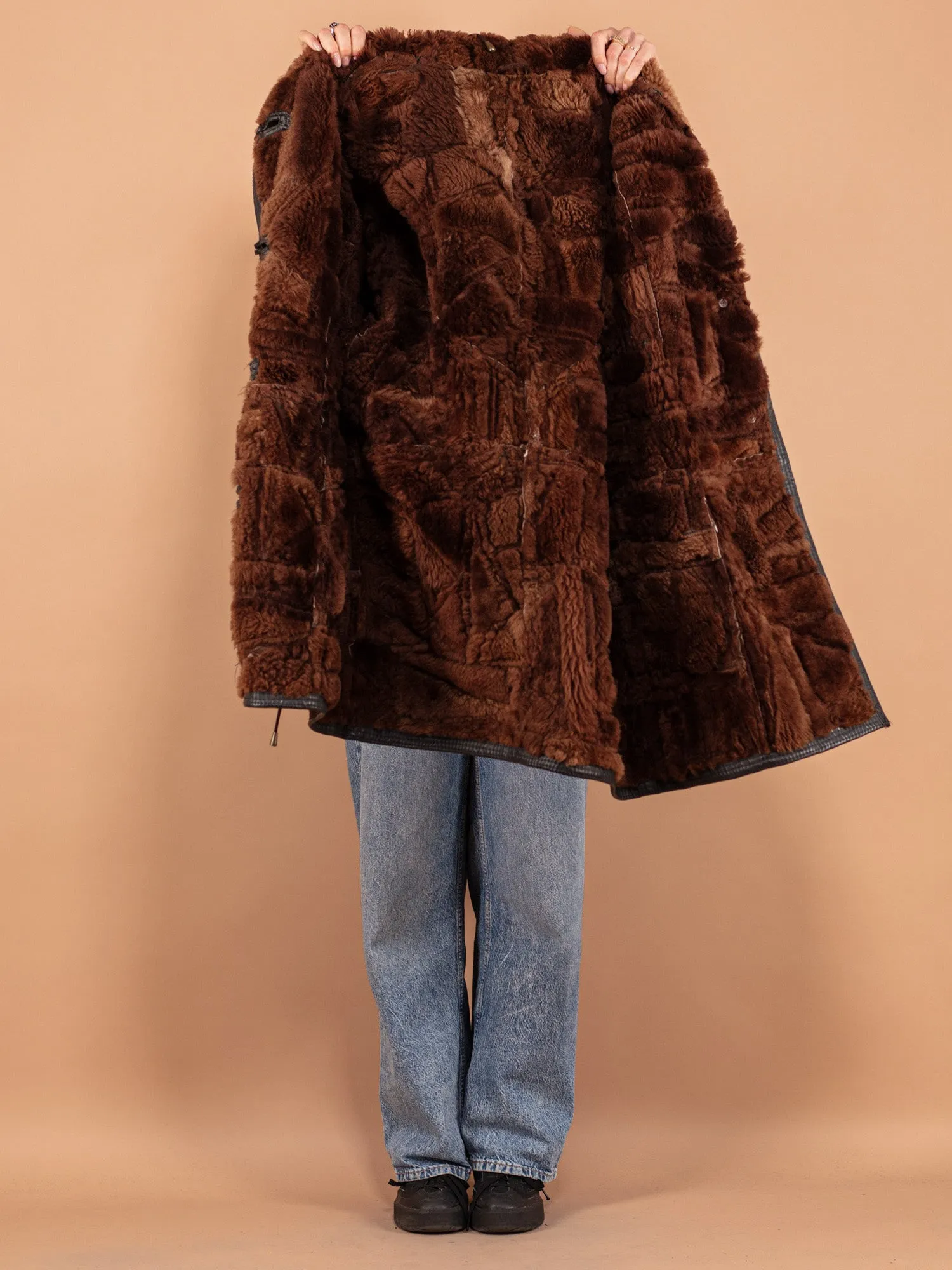 Vintage 80's Women Hooded Sheepskin Coat in Brown