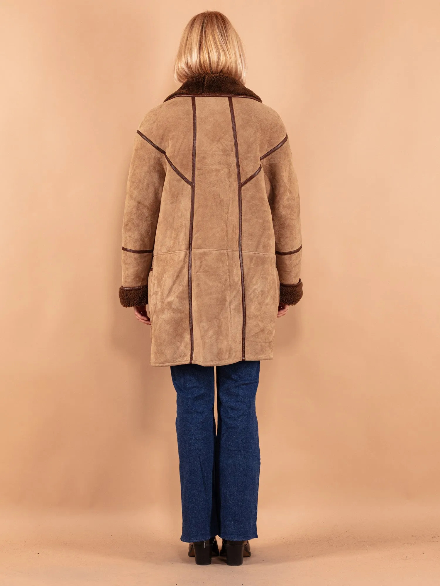 Vintage 80's Women Oversized Sheepskin Coat in Beige