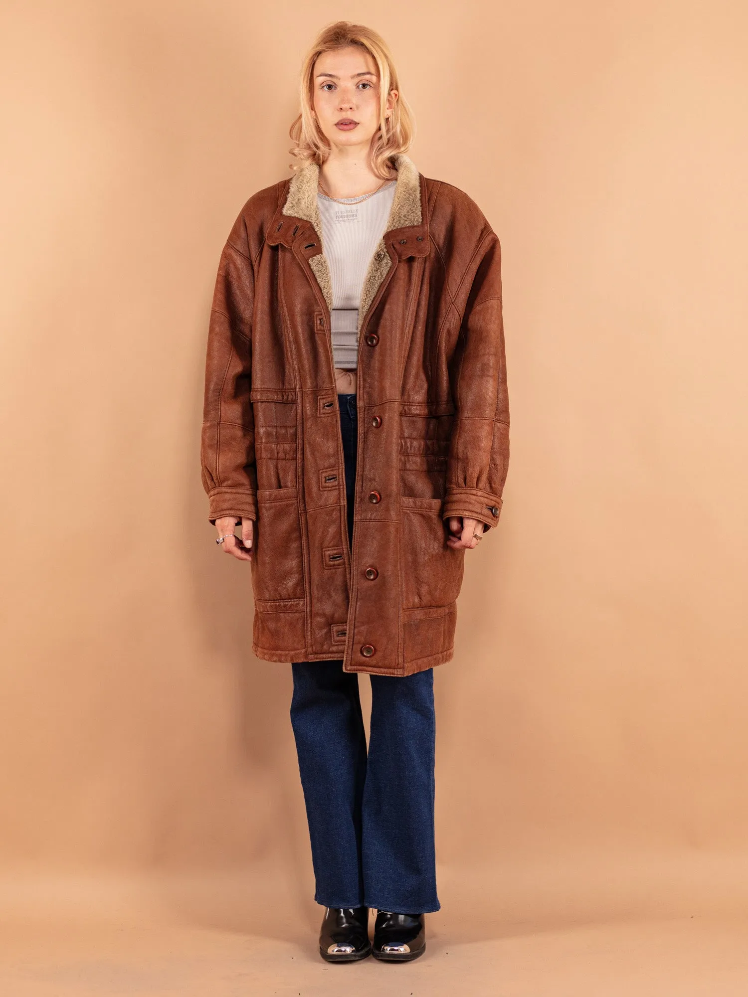 Vintage 80's Women Oversized Sheepskin Coat in Brown