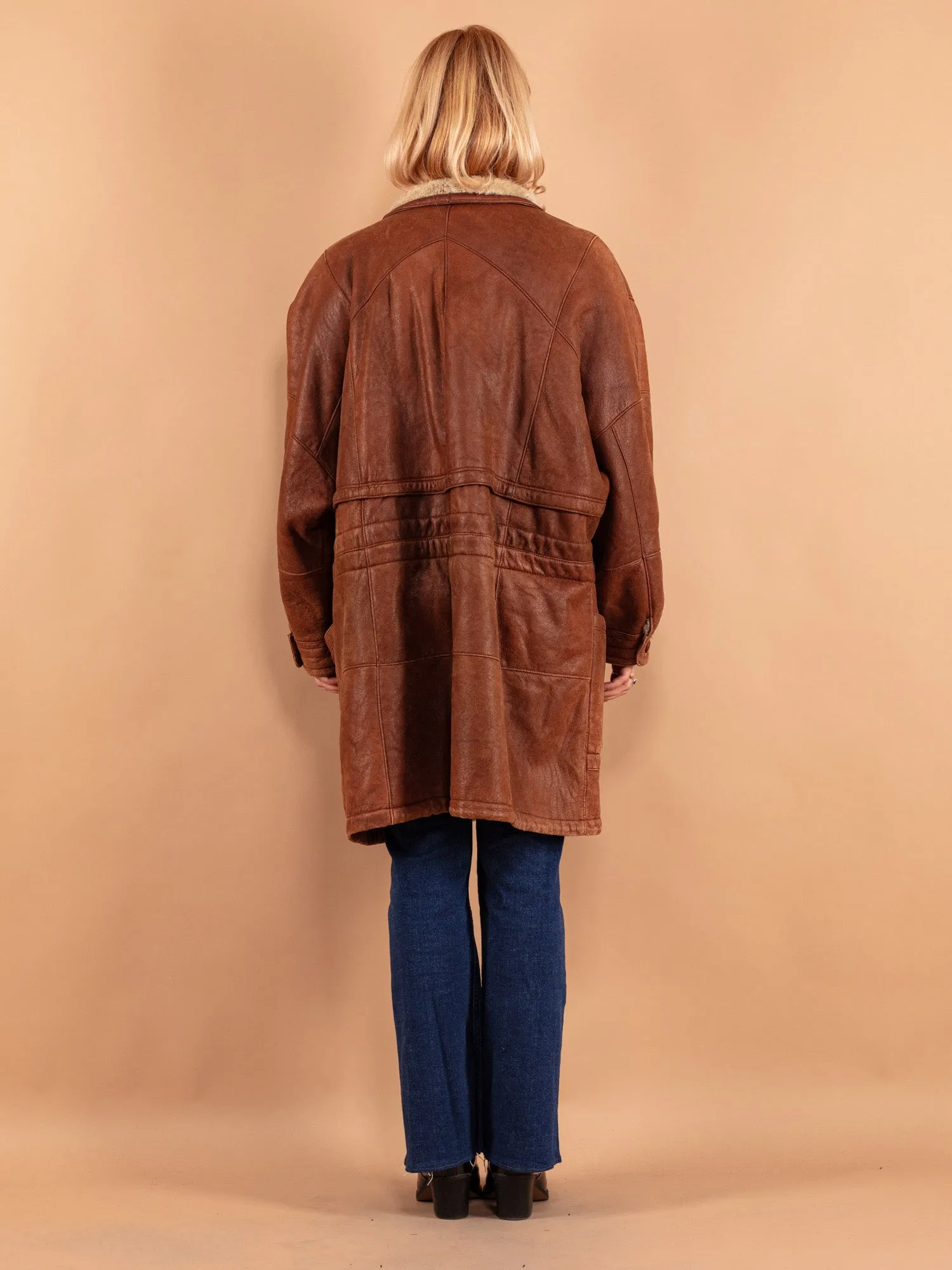 Vintage 80's Women Oversized Sheepskin Coat in Brown