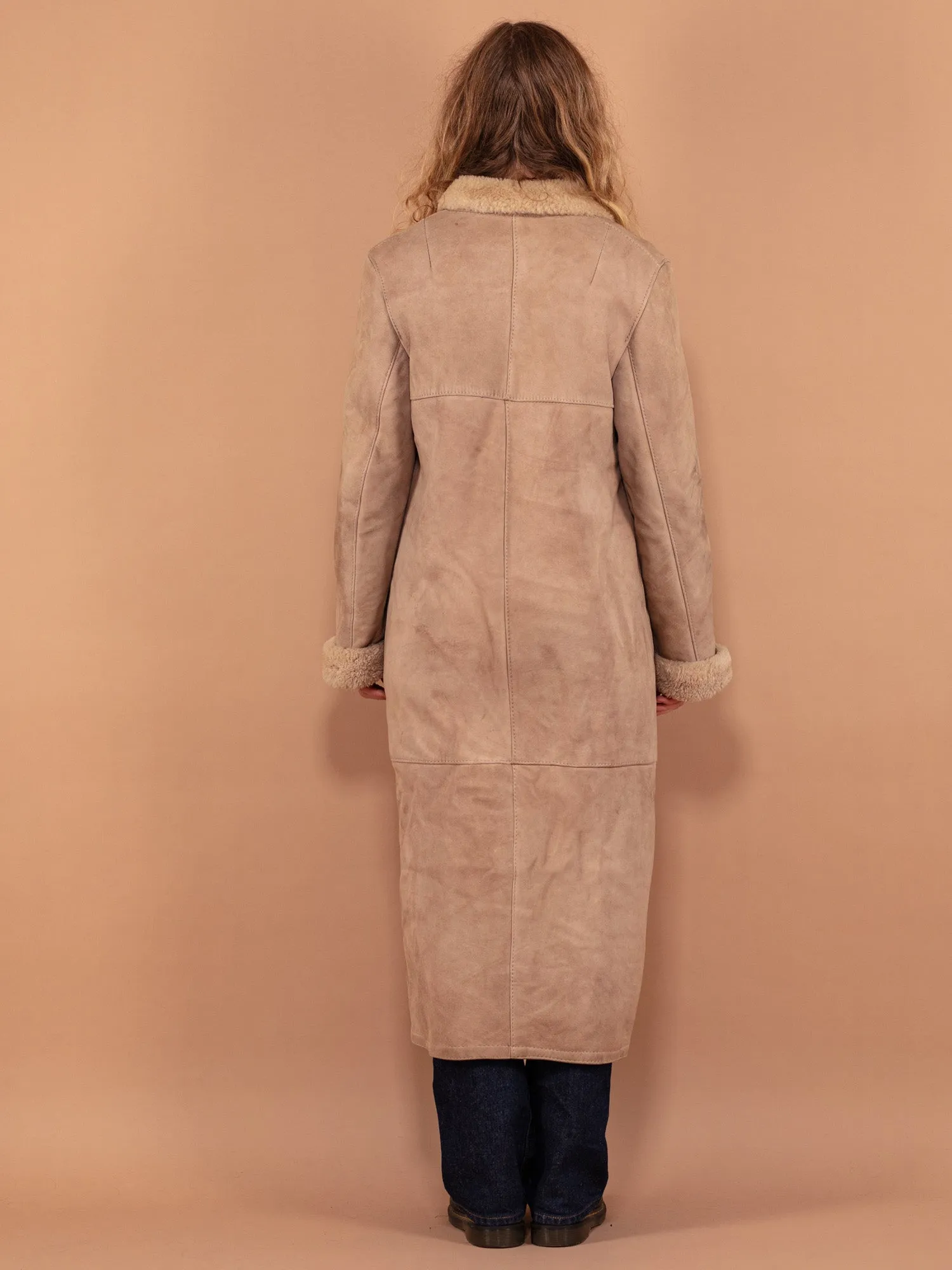 Vintage 80's Women Sheepskin Long Coat in Beige