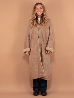 Vintage 80's Women Sheepskin Long Coat in Beige