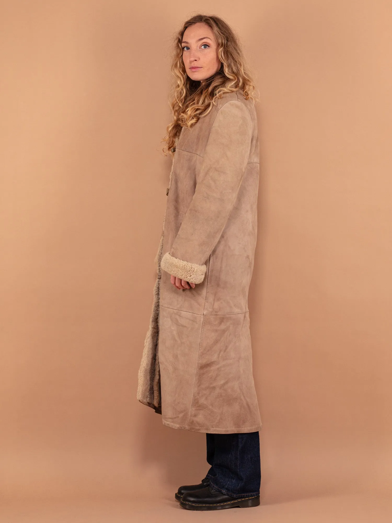 Vintage 80's Women Sheepskin Long Coat in Beige