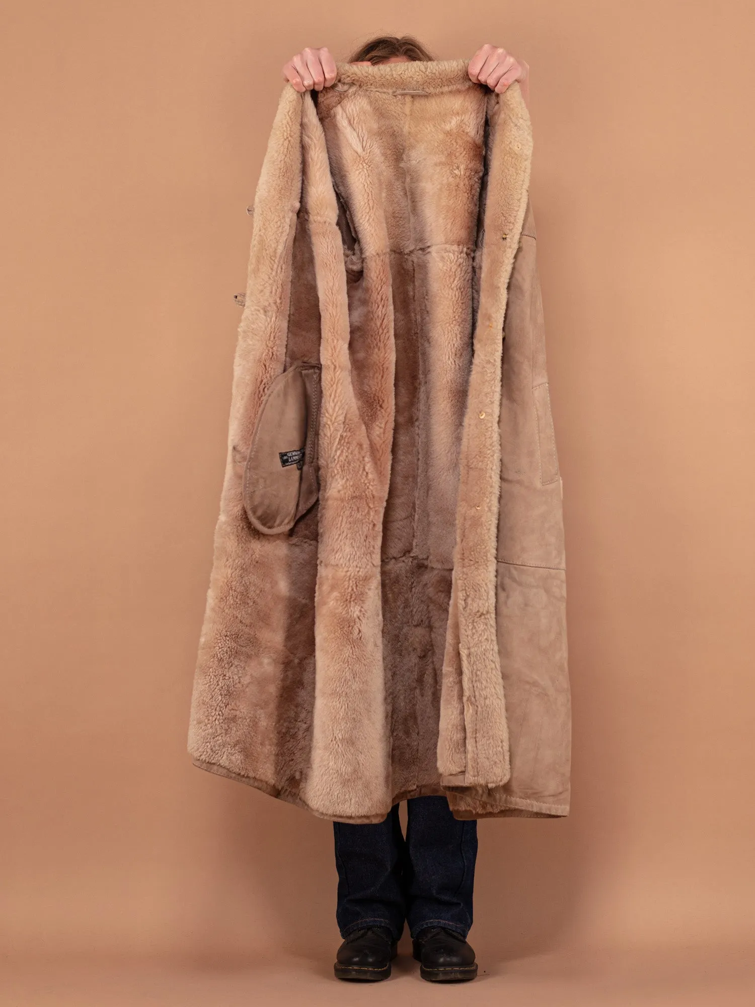 Vintage 80's Women Sheepskin Long Coat in Beige