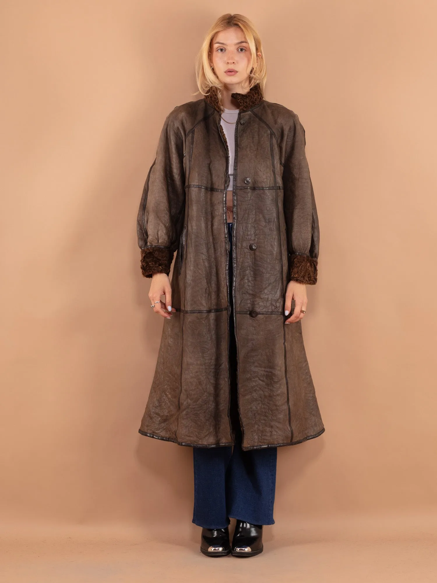 Vintage 80's Women Sheepskin Long Coat in Brown