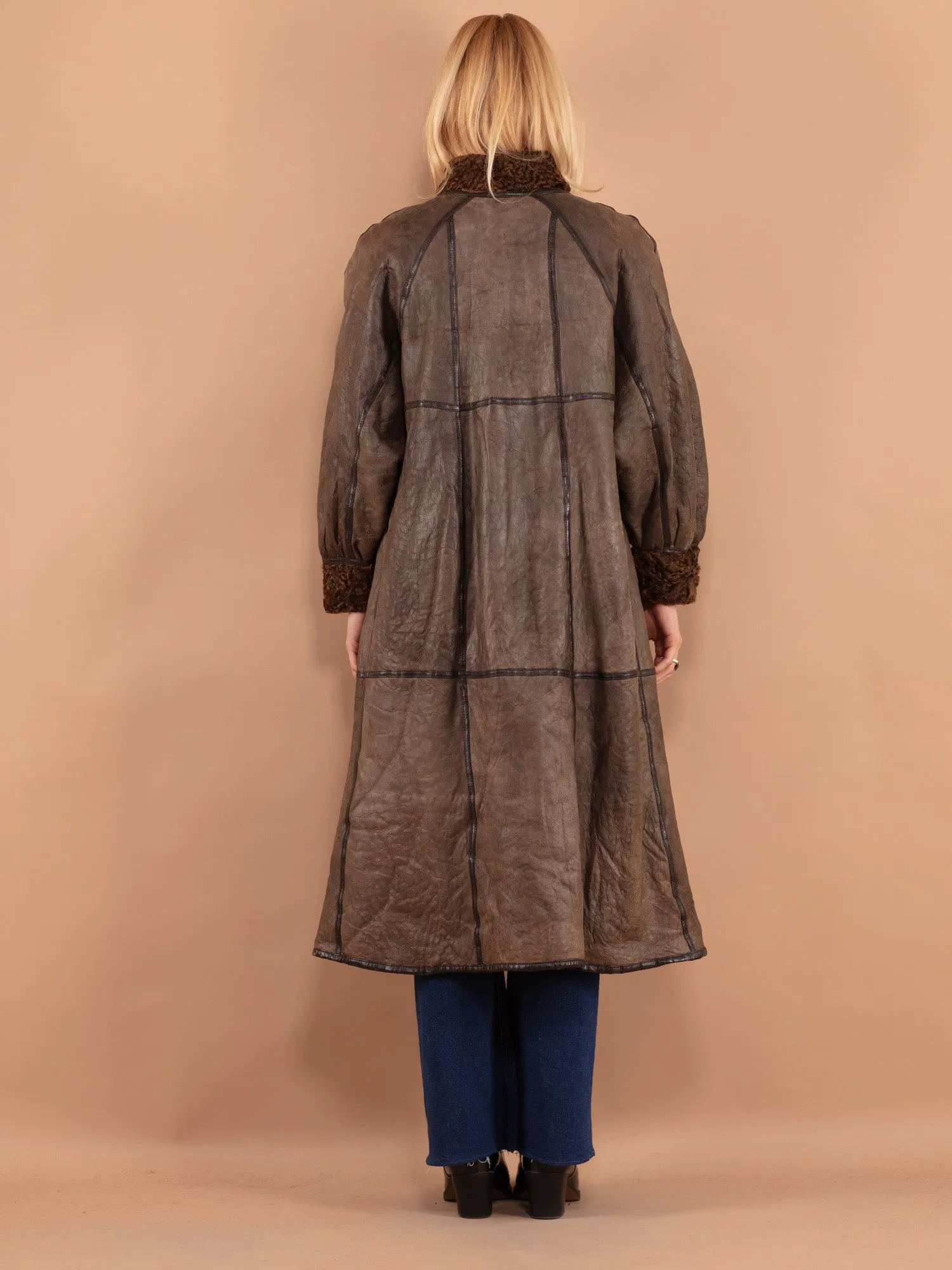 Vintage 80's Women Sheepskin Long Coat in Brown