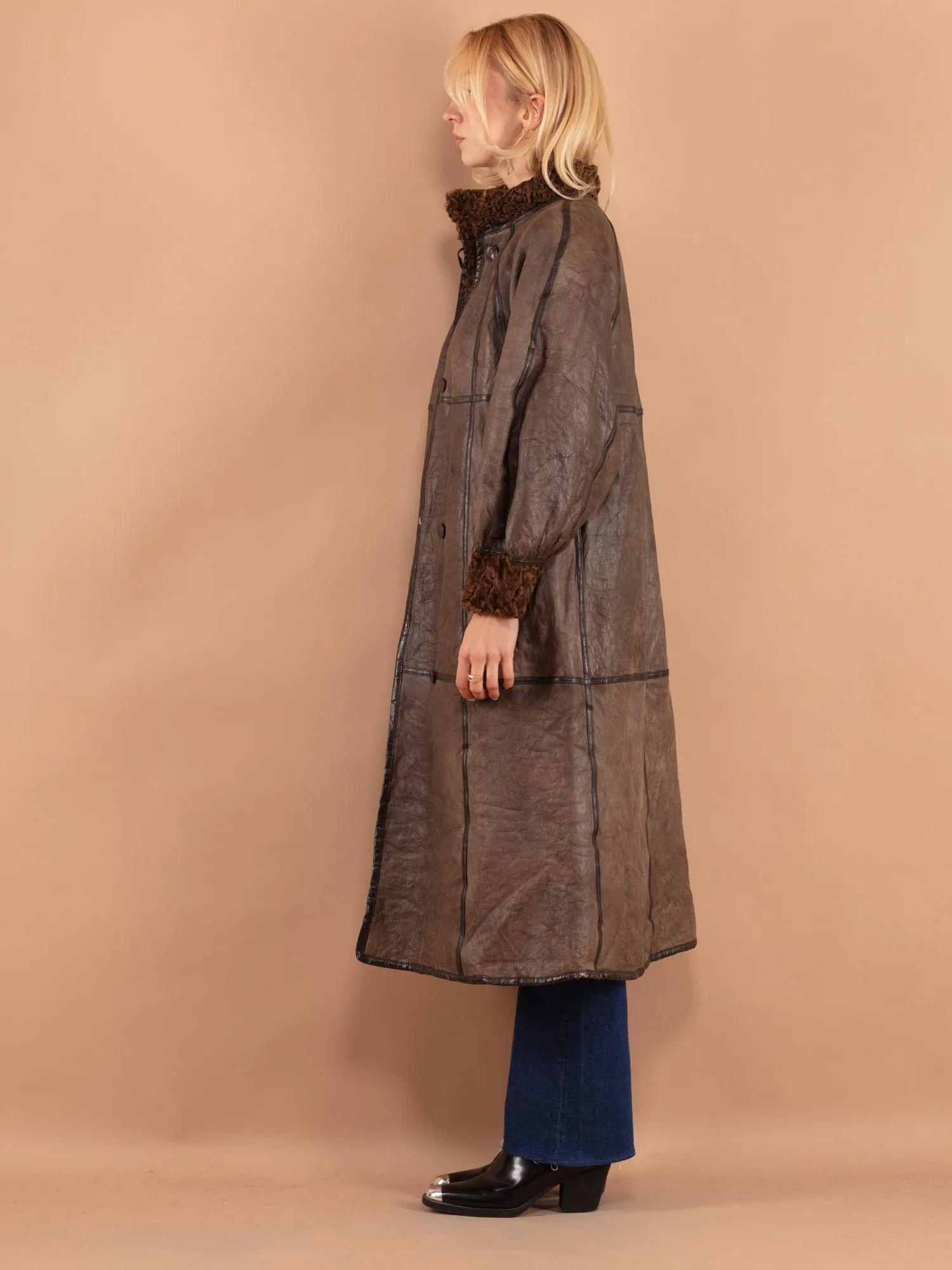 Vintage 80's Women Sheepskin Long Coat in Brown