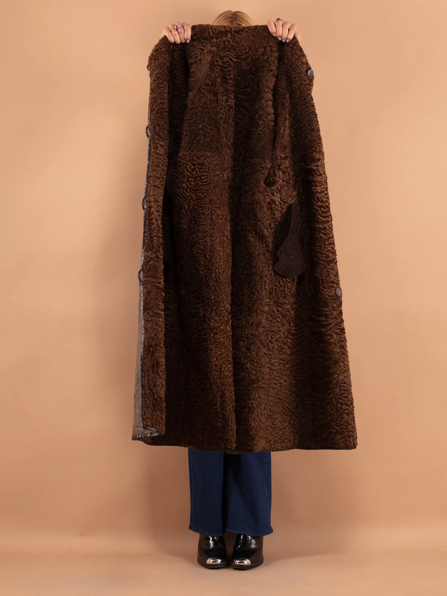 Vintage 80's Women Sheepskin Long Coat in Brown