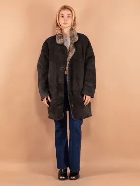 Vintage 90's Women Faded Sheepskin Coat in Black