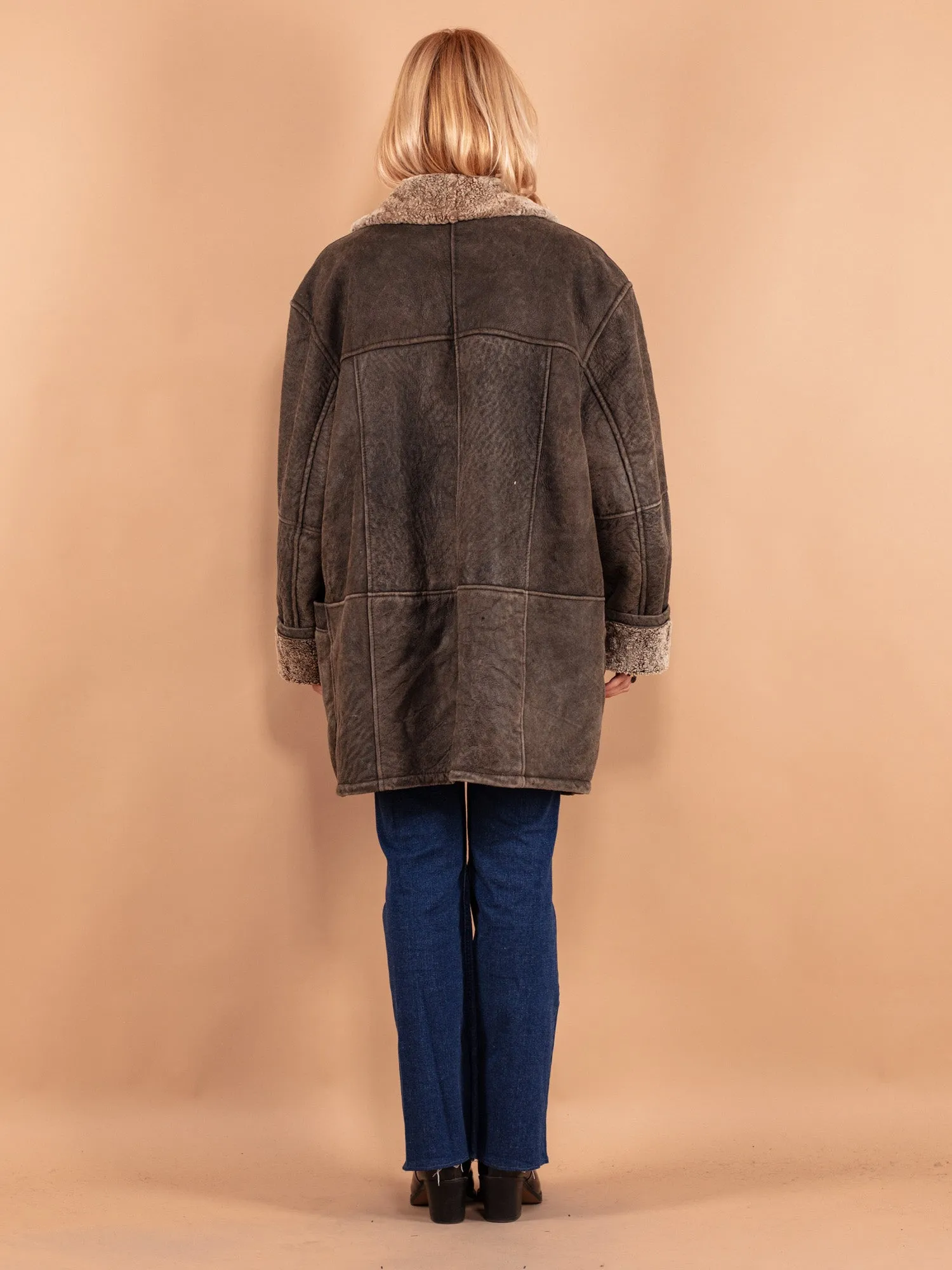 Vintage 90's Women Faded Sheepskin Coat in Brown