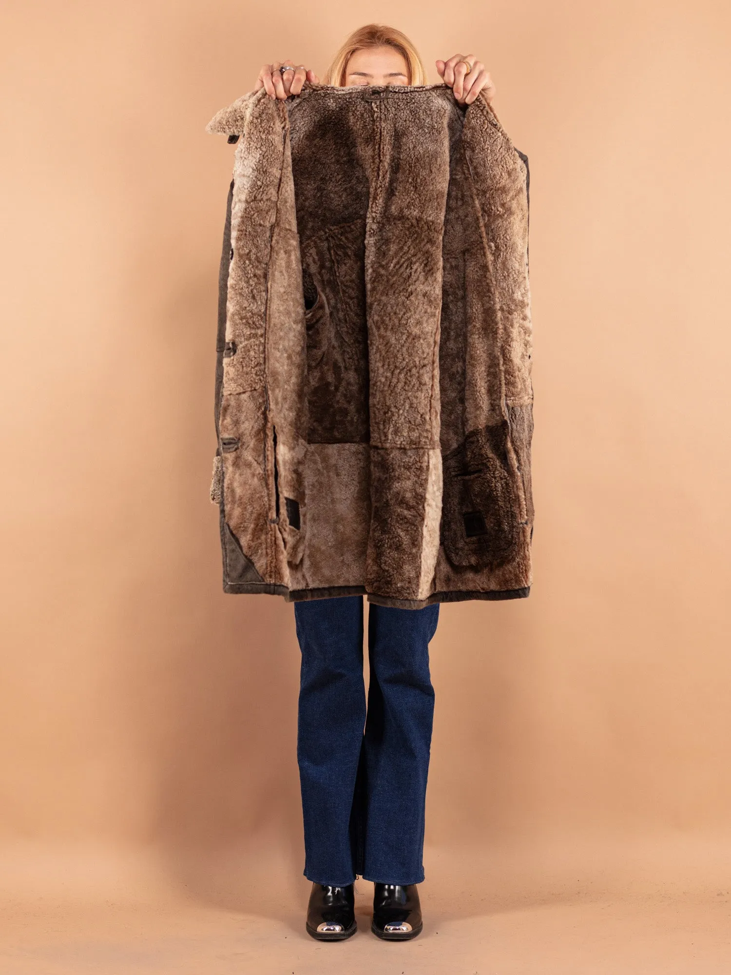 Vintage 90's Women Faded Sheepskin Coat in Brown