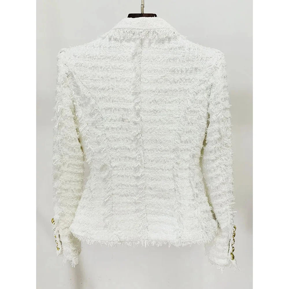 White Tassel Tweed Notched Collar Blazer and Shorts for Women