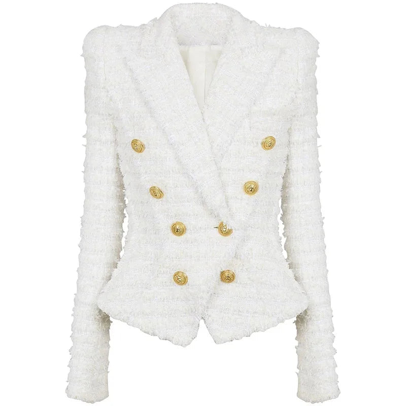 White Tassel Tweed Notched Collar Blazer and Shorts for Women