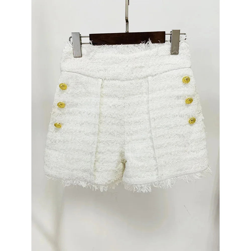 White Tassel Tweed Notched Collar Blazer and Shorts for Women