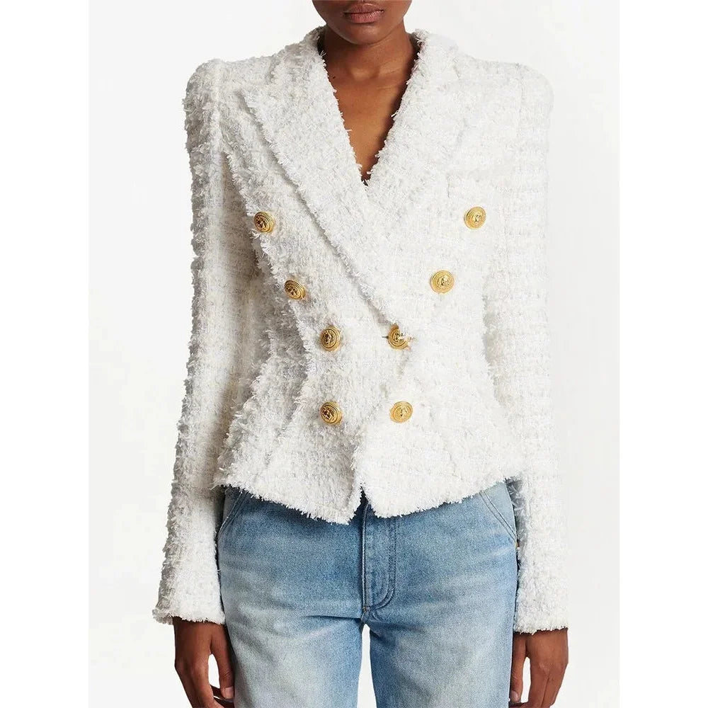 White Tassel Tweed Notched Collar Blazer and Shorts for Women