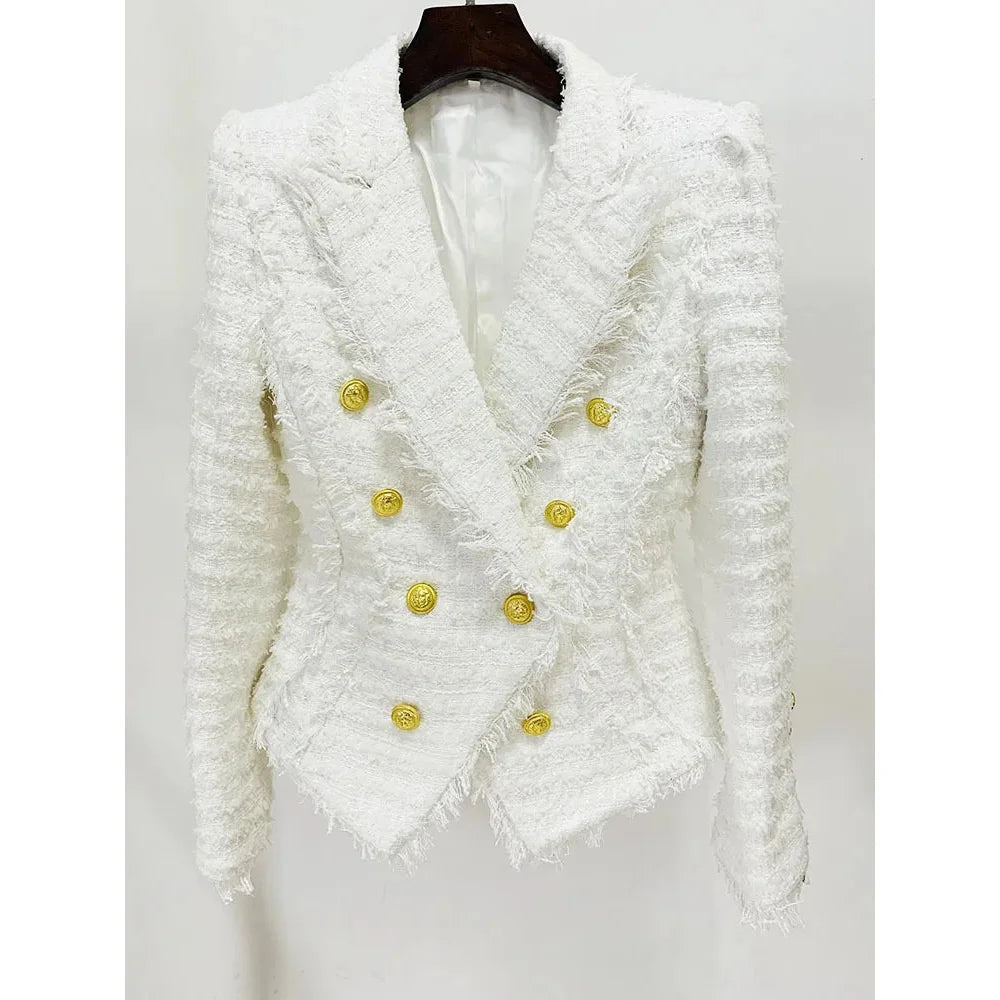 White Tassel Tweed Notched Collar Blazer and Shorts for Women