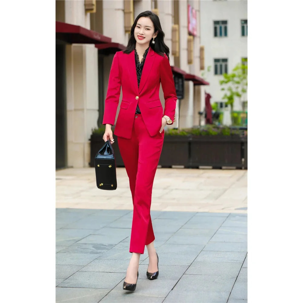 Winter Formal Business Style Office Work Wear Blazer with Pants 2pc Set