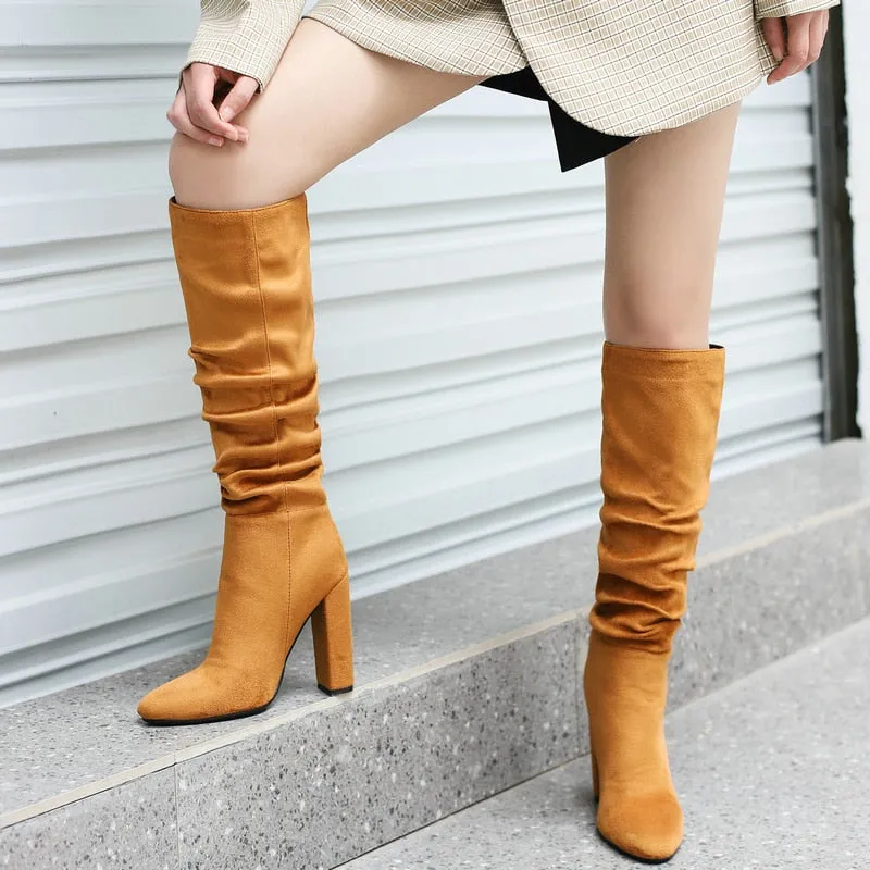 Winter Sexy Women's Solid Round Toe Pleated Slim Fit Knee High Boots