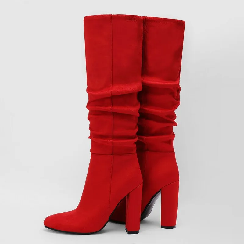 Winter Sexy Women's Solid Round Toe Pleated Slim Fit Knee High Boots