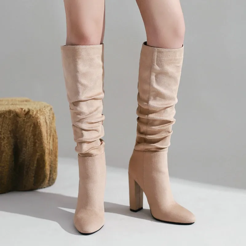 Winter Sexy Women's Solid Round Toe Pleated Slim Fit Knee High Boots