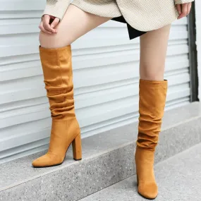 Winter Sexy Women's Solid Round Toe Pleated Slim Fit Knee High Boots