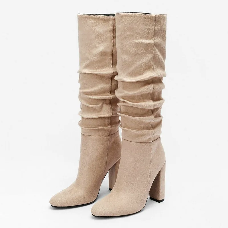 Winter Sexy Women's Solid Round Toe Pleated Slim Fit Knee High Boots