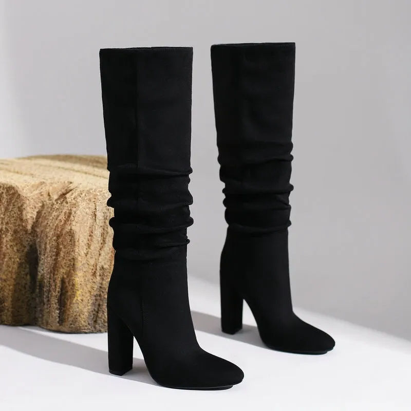 Winter Sexy Women's Solid Round Toe Pleated Slim Fit Knee High Boots