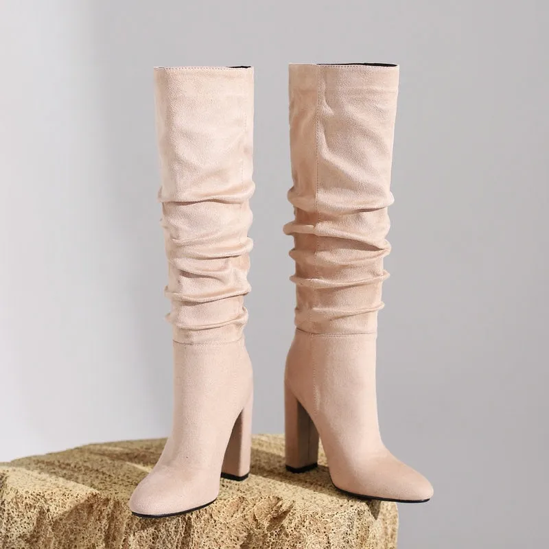 Winter Sexy Women's Solid Round Toe Pleated Slim Fit Knee High Boots