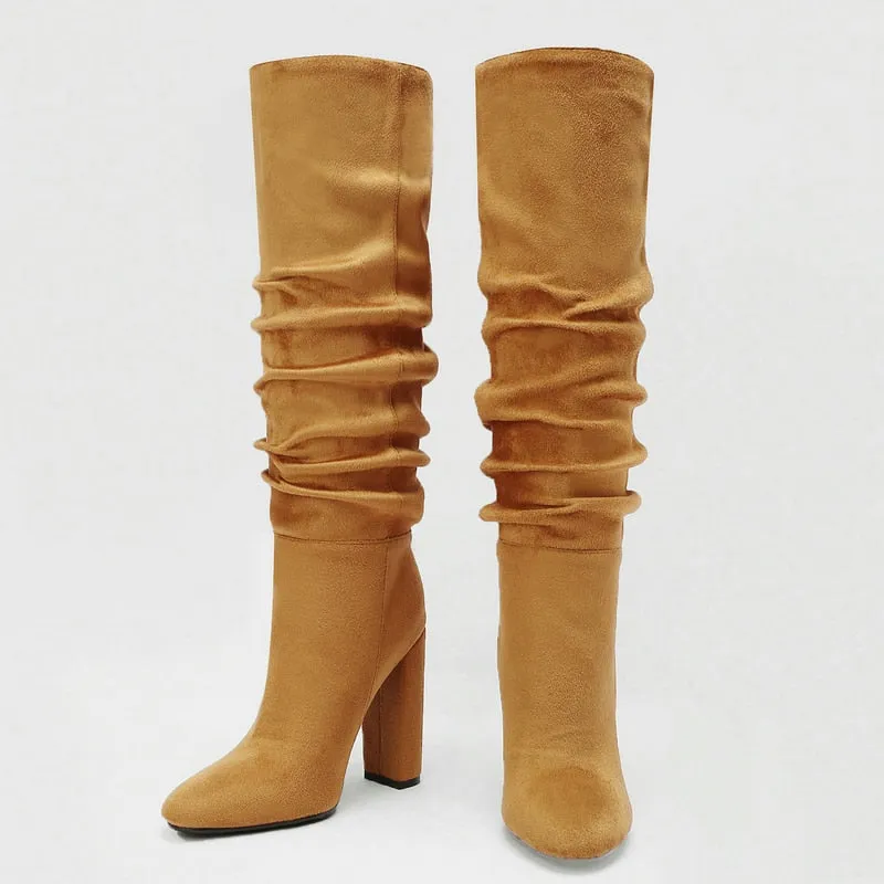 Winter Sexy Women's Solid Round Toe Pleated Slim Fit Knee High Boots