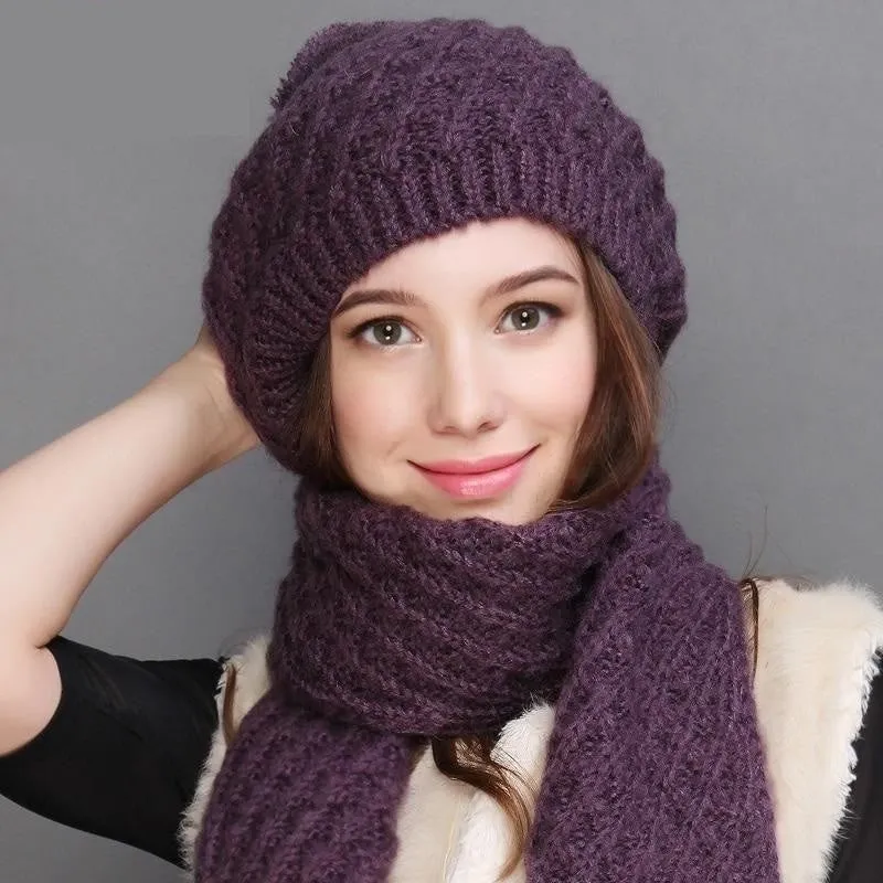 Women's Autumn Winter Knitted Elegant Casual Fashion Scarf Sets & Hats